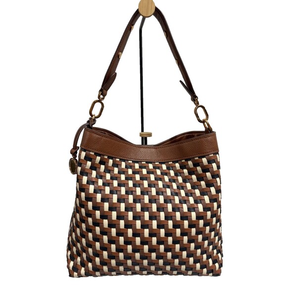 Fossil Jessie Leather Shoulder Bag Woven Colorway Brown/Black / Cream - Picture 2 of 15